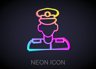 Glowing neon line Pilot icon isolated on black background. Vector