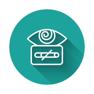 recommend clip art: White line Hypnosis icon isolated with long shadow background. Human eye with spiral hypnotic iris. Green circle button. Vector