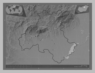 Heves, Hungary. Grayscale. Labelled points of cities