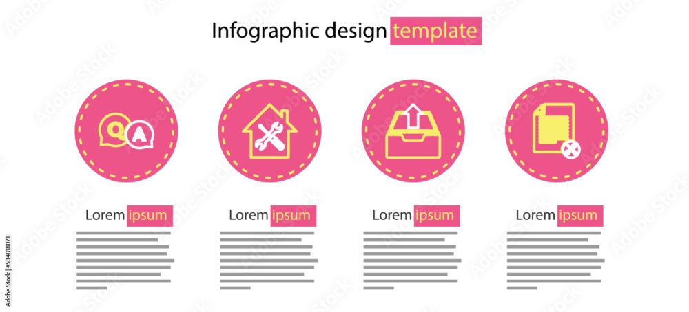 Aufkleber set line upload inbox, file document service, house and question and answer icon. vector