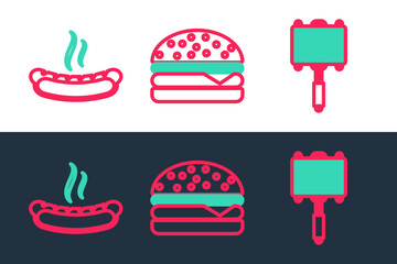 Set line Barbecue steel grid, Hotdog sandwich and Burger icon. Vector