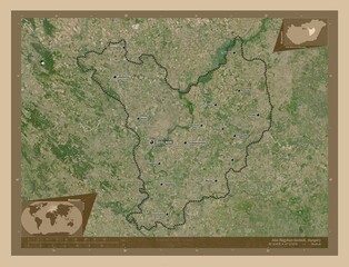 Jasz-Nagykun-Szolnok, Hungary. Low-res satellite. Labelled points of cities