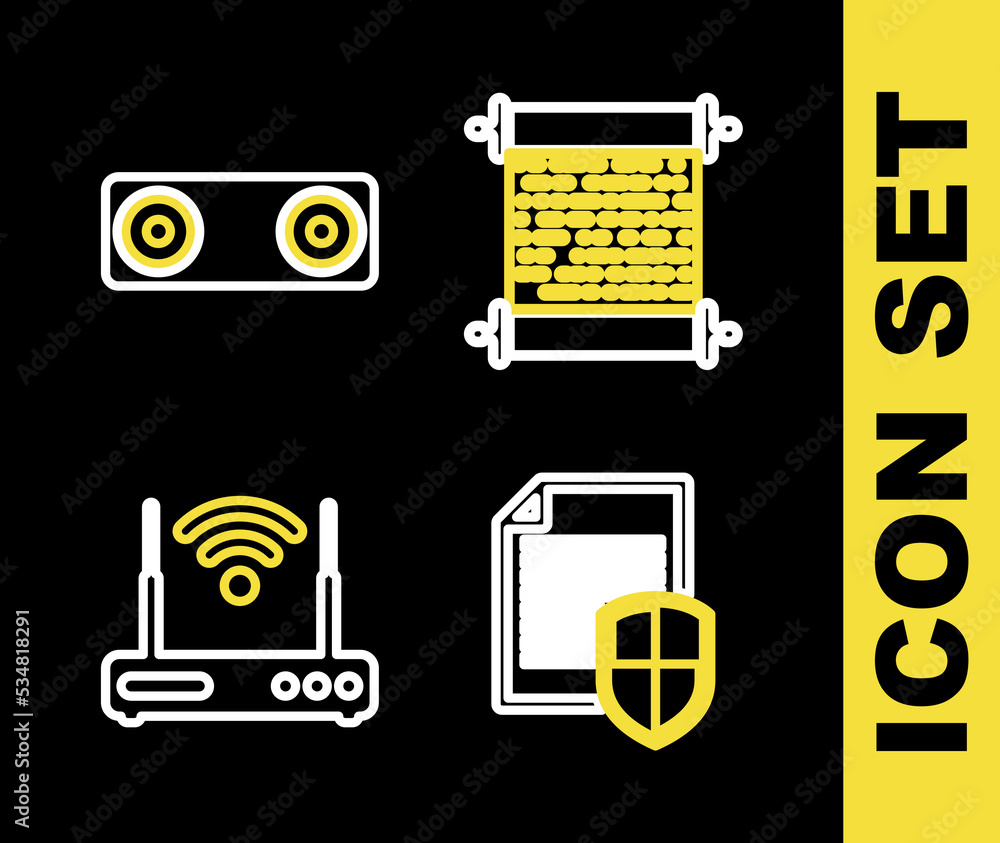Poster set line paper scroll, wheat, router and wi-fi and bluetooth connected icon. vector