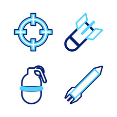 Set line Rocket, Hand grenade, Aviation bomb and Target sport icon. Vector