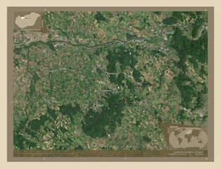 Komarom-Esztergom, Hungary. High-res satellite. Labelled points of cities