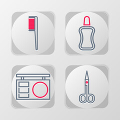 Set line Scissors, Eye shadow palette, Nail polish bottle and Hairbrush icon. Vector