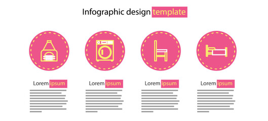 Set line Chair, Bed, Washer and Interior fireplace icon. Vector