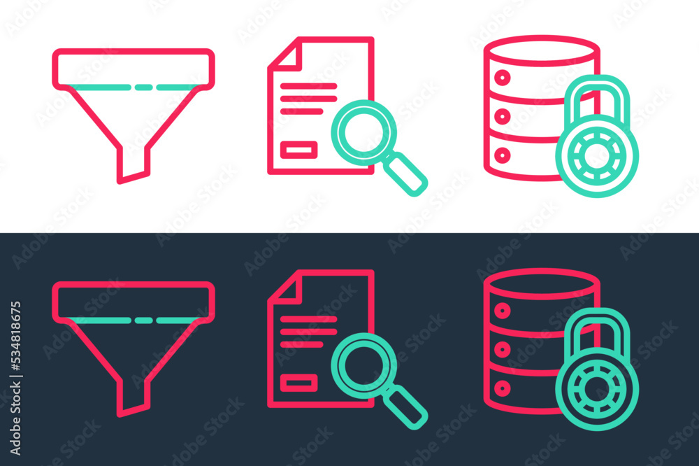 Poster set line server security with lock, sales funnel and document search icon. vector