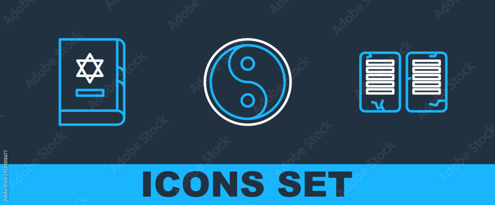 Sticker Set line The commandments, Jewish torah book and Yin Yang icon. Vector