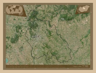 Pest, Hungary. Low-res satellite. Labelled points of cities