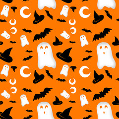 Seamless Halloween pattern on orange background with cute ghost and witch hat for print, banner or greeting card..