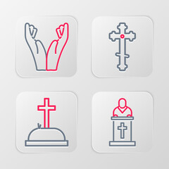 Set line Church pastor preaching, Tombstone with cross, Christian and Hands praying position icon. Vector