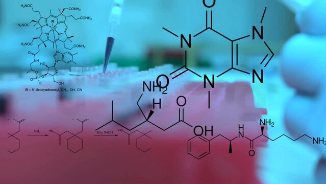 a researcher appear transfering samples and chemical structures from pharmaceutilcas, vitamins and other compounds appear in an overlay