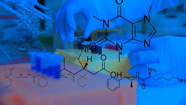 a researcher appean transfering samples and chemical structures from pharmaceutilcas, vitamins and other compounds appear in an overlay