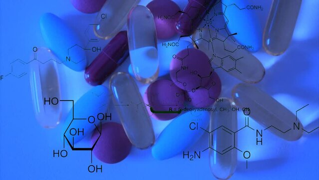 pills and capsules appear with chemical structures from pharmaceutilcas, vitamins and other compounds in an overlay