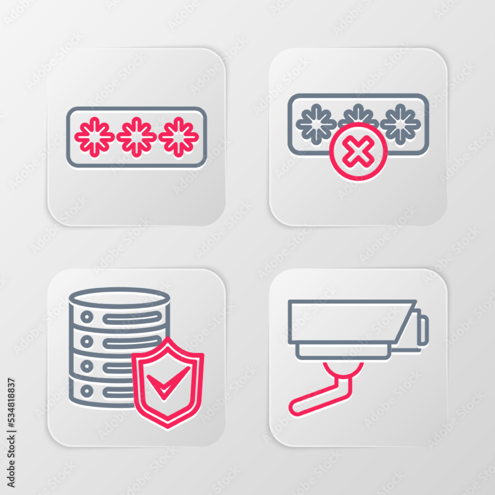 Poster set line security camera, server with shield, password protection and icon. vector