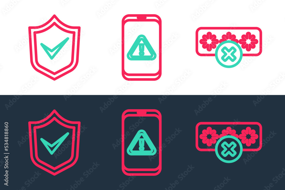 Aufkleber set line password protection, shield with check mark and mobile exclamation icon. vector