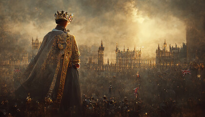 The new King of the United Kingdom hailed by the crowd of England, in the crowning ceremony. 3D...