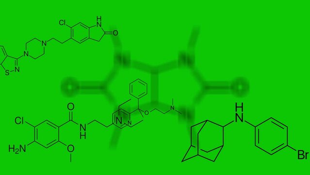 Chemical structures from pharmaceutilcas, vitamins and other compounds appear in a uniform green background