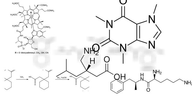 Chemical structures from pharmaceuticals, vitamins and other compounds appear in a uniform white background