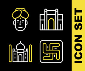 Obraz premium Set line India Gate in Delhi, Hindu swastika, Taj Mahal and Indian man icon. Vector