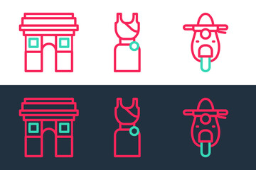 Set line Scooter, Triumphal Arch and Woman dress icon. Vector