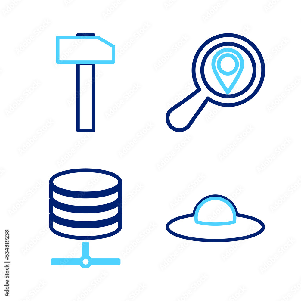 Poster set line ufo flying spaceship, server, data, web hosting, search location and hammer icon. vector