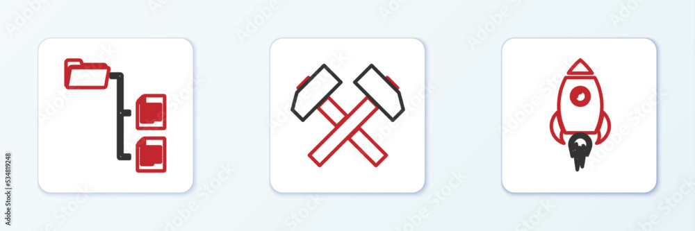 Poster set line rocket ship with fire, folder tree and two crossed hammers icon. vector
