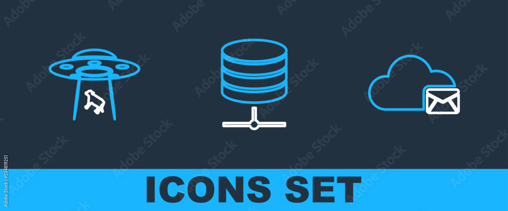 Poster set line cloud mail server, ufo abducts cow and server, data, web hosting icon. vector