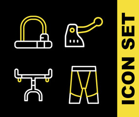Set line Bicycle brake, Cycling shorts, handlebar and lock icon. Vector