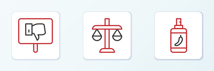 Set line Pepper spray, Protest and Scales of justice icon. Vector