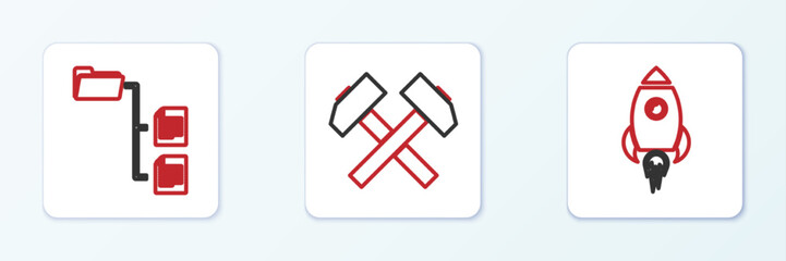 Set line Rocket ship with fire, Folder tree and Two crossed hammers icon. Vector