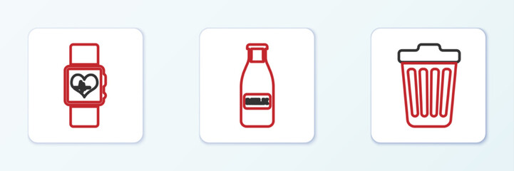 Set line Trash can, Smart watch heart beat rate and Glass bottle milk and cap icon. Vector