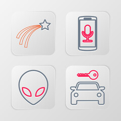 Set line Car rental, Alien, Mobile recording and Falling star icon. Vector