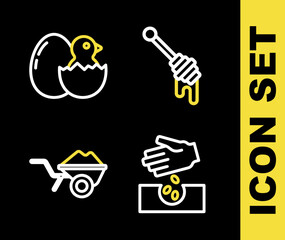 Set line Honey dipper stick, Seeds, Wheelbarrow with dirt and Little chick in cracked egg icon. Vector