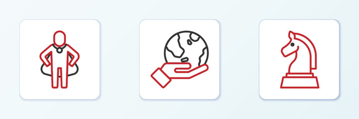 Set line Chess, Head hunting and Hand holding Earth globe icon. Vector