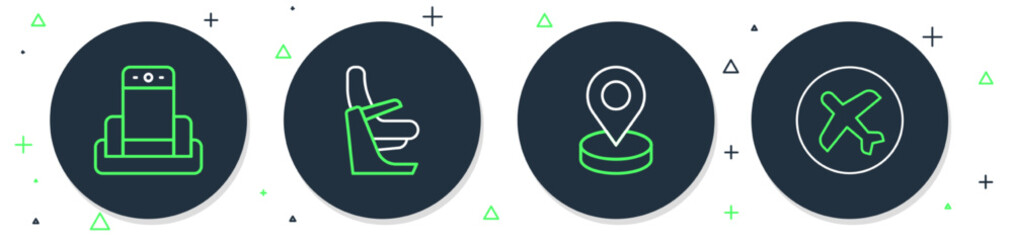 Set line Airplane seat, Location, Metal detector in airport and Plane icon. Vector