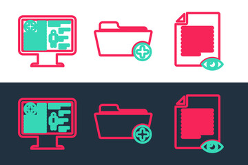 Set line Paper page with eye, Clinical record on monitor and Health folder icon. Vector