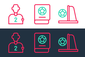 Set line Football goal with ball, or soccer player and learning book icon. Vector