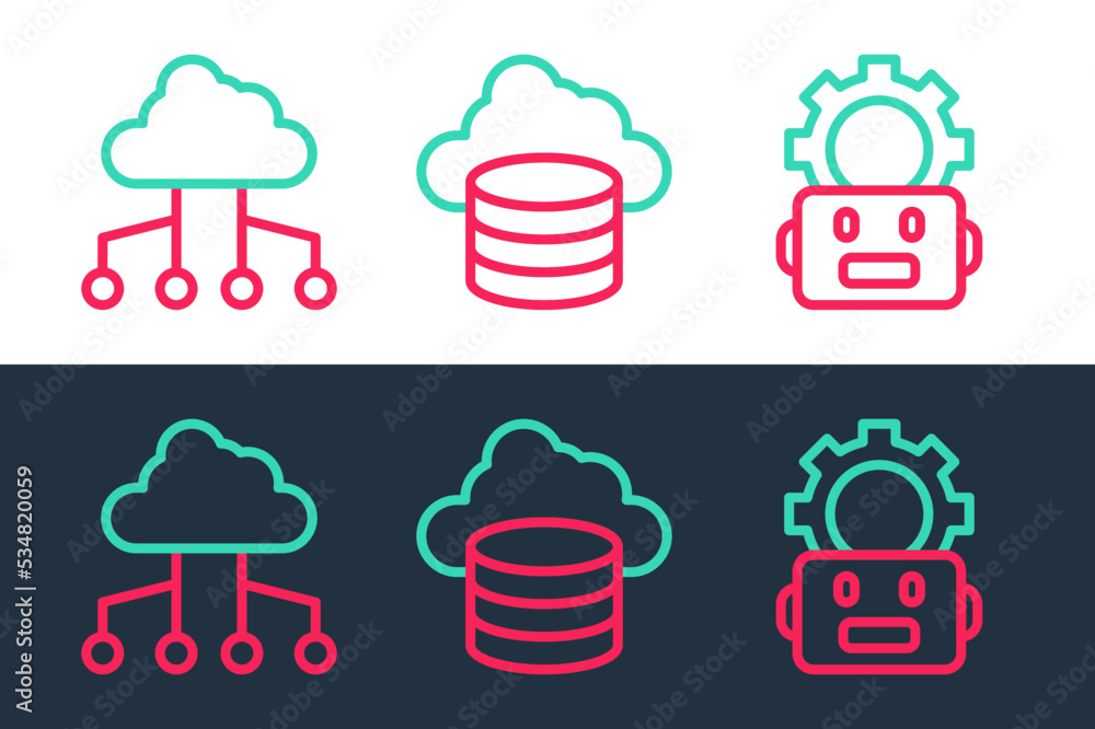 Poster set line robot setting, network cloud connection and cloud database icon. vector