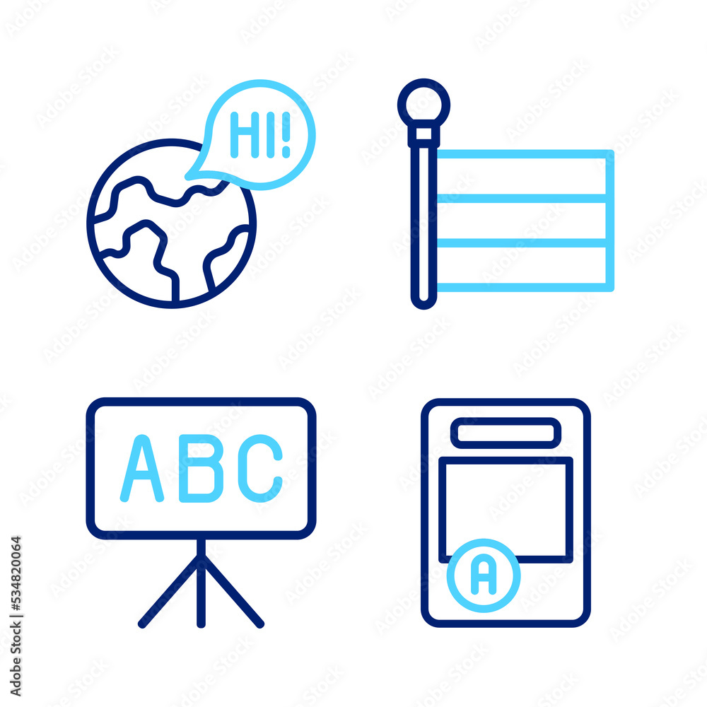 Aufkleber set line exam sheet with a plus grade, chalkboard, flag and learning foreign languages icon. vector