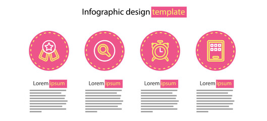 Set line Alarm clock, Graphic tablet, Magnifying glass and Medal with star icon. Vector