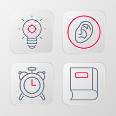 Set line Book, Alarm clock, Ear listen sound signal and Light bulb icon. Vector