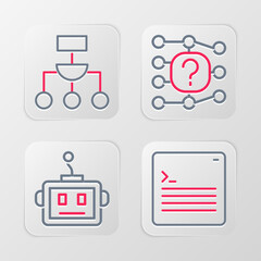 Set line Web developer programming code, Artificial intelligence robot, Neural network and Algorithm icon. Vector