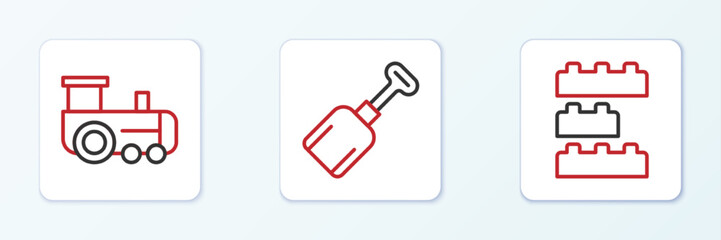 Set line Toy building block bricks, train and Shovel toy icon. Vector