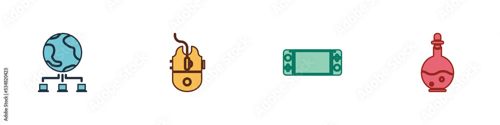 Poster set computer network, mouse gaming, portable video game console and bottle with magic elixir icon. v