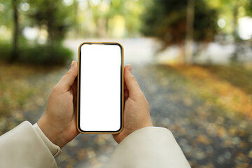 Phone with an isolated screen in hands on the street in the autumn park