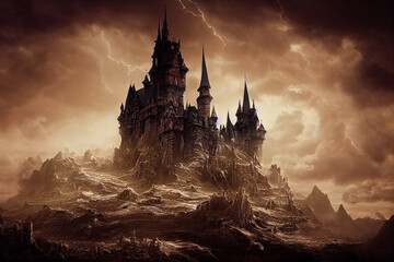 Fototapeta premium dark fantasy castle with a sepia theme, abstract digital illustration, created with generative ai