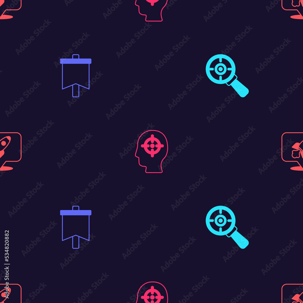 Poster set target with magnifying glass, flag, head hunting and rocket ship on seamless pattern. vector
