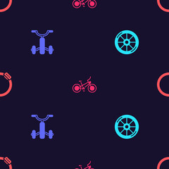 Set Bicycle wheel, for kids, and brake disc on seamless pattern. Vector